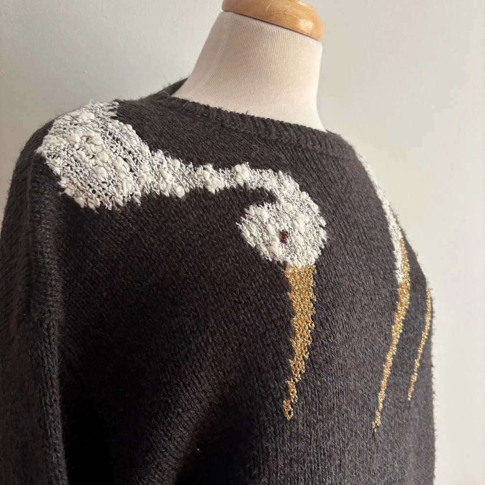 Vintage 1980s White Bird on Charcoal Wool Blend & Lurex Sweater / M - Picture 4 of 10